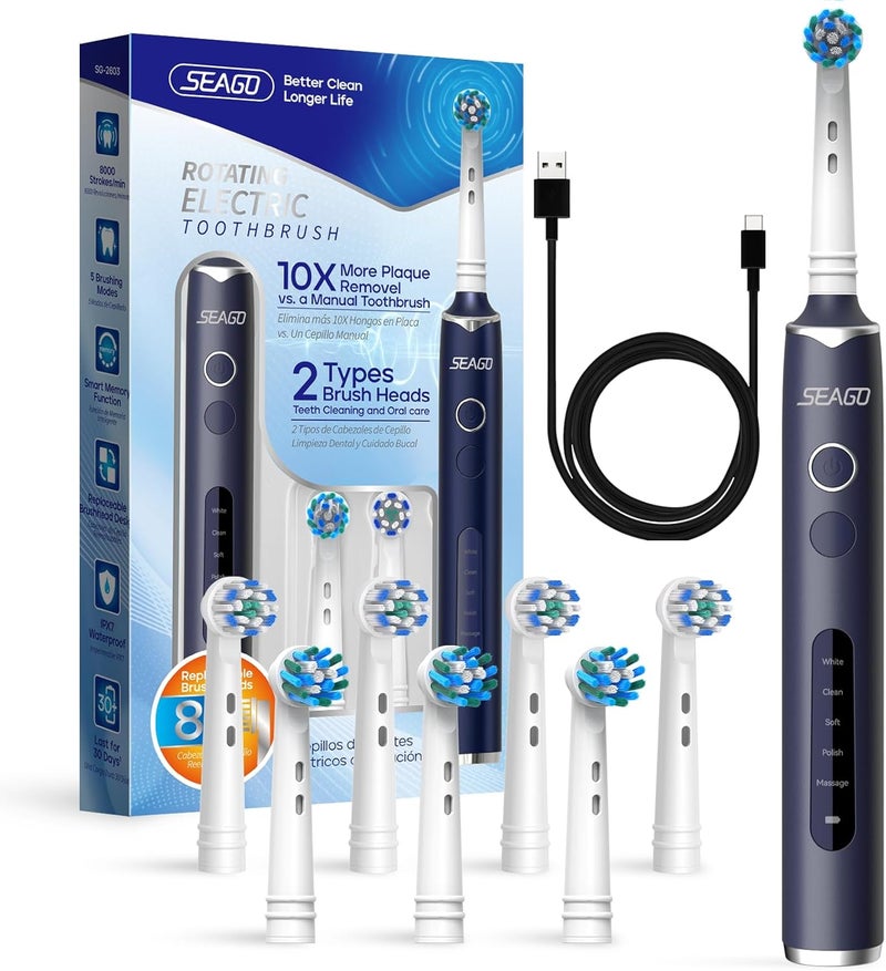Seago فرشاة أسنان كهربائية دوارة مع 8 رؤوس فرشاة دائرية، مع 5 أوضاع تنظيف، تقنية صوتية لتبييض الأسنان في 14 يومًا، للبالغين والأطفال، SG-2603 (أزرق) - Image 1